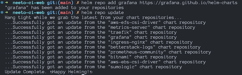 Terminal output from adding and updating the Grafana Helm chart repository