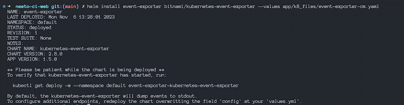 Terminal output from installing the kubernetes-event-exporter Helm chart