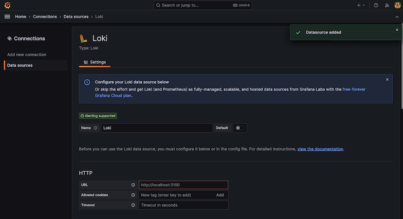 The dedicated settings page for the Loki data source in Grafana