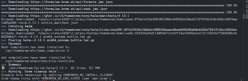 Terminal output confirming a successful Helm installation on macOS