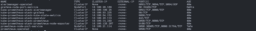 The Prometheus and Grafana services changed to NodePort type, exposing ports 9090 and 80