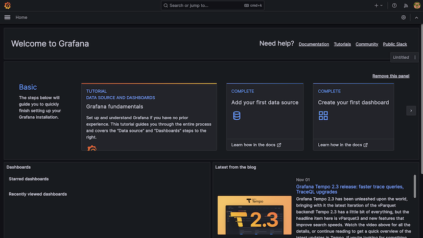 The Welcome to Grafana home page after logging in as admin