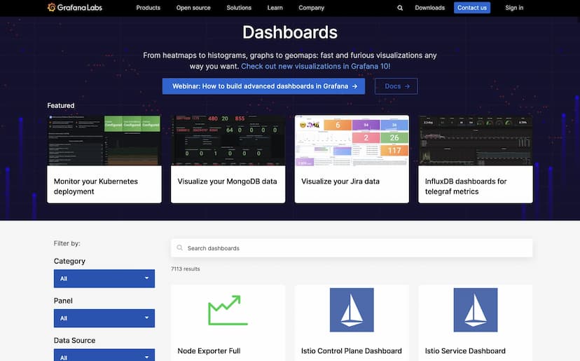 The Grafana dashboard library at grafana.com, used to pick a dashboard to import