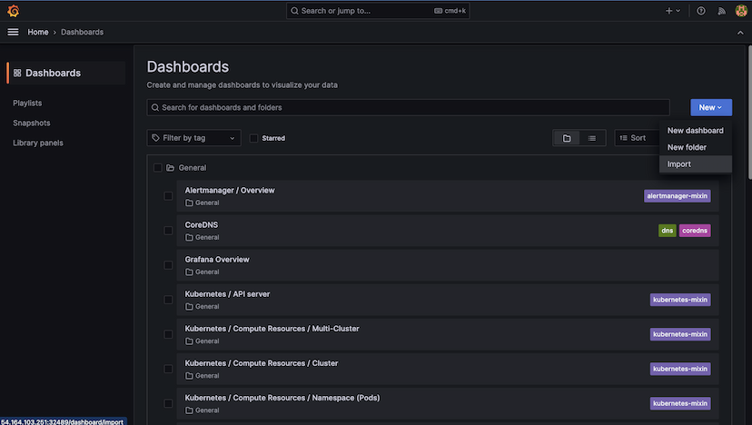The Import option on the Grafana Dashboards page