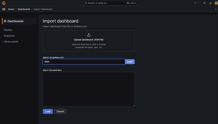 The Import Dashboard page with the copied dashboard ID pasted in, ready to load