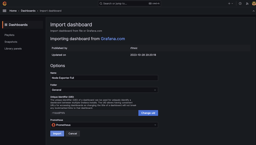 The loaded dashboard details with the Import button ready to confirm
